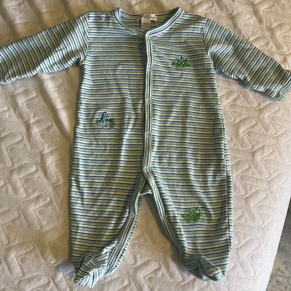 Kissy Kissy Green and Light Blue Striped Dino Footed One-Piece